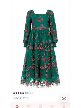 JessaKae Emerald Green Floral Acacia Embroidered Dress with Pink Flowers